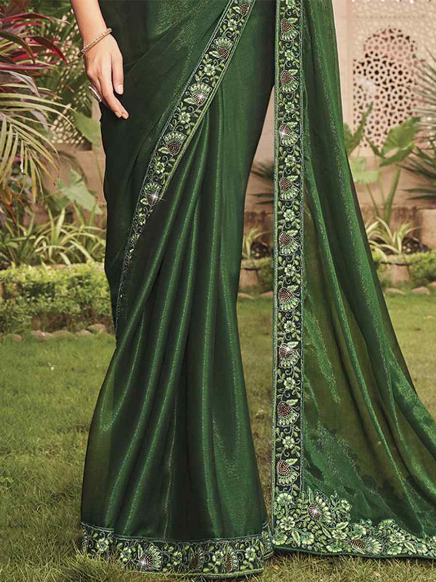 Green Shimmer Embroidery Party Reception Classic Style Saree