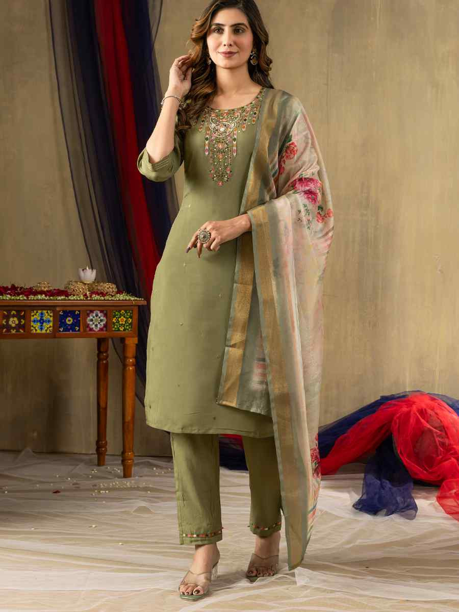 Green Shimmer Gold Silk Embroidered Party Wedding Ready Pant Salwar Kameez