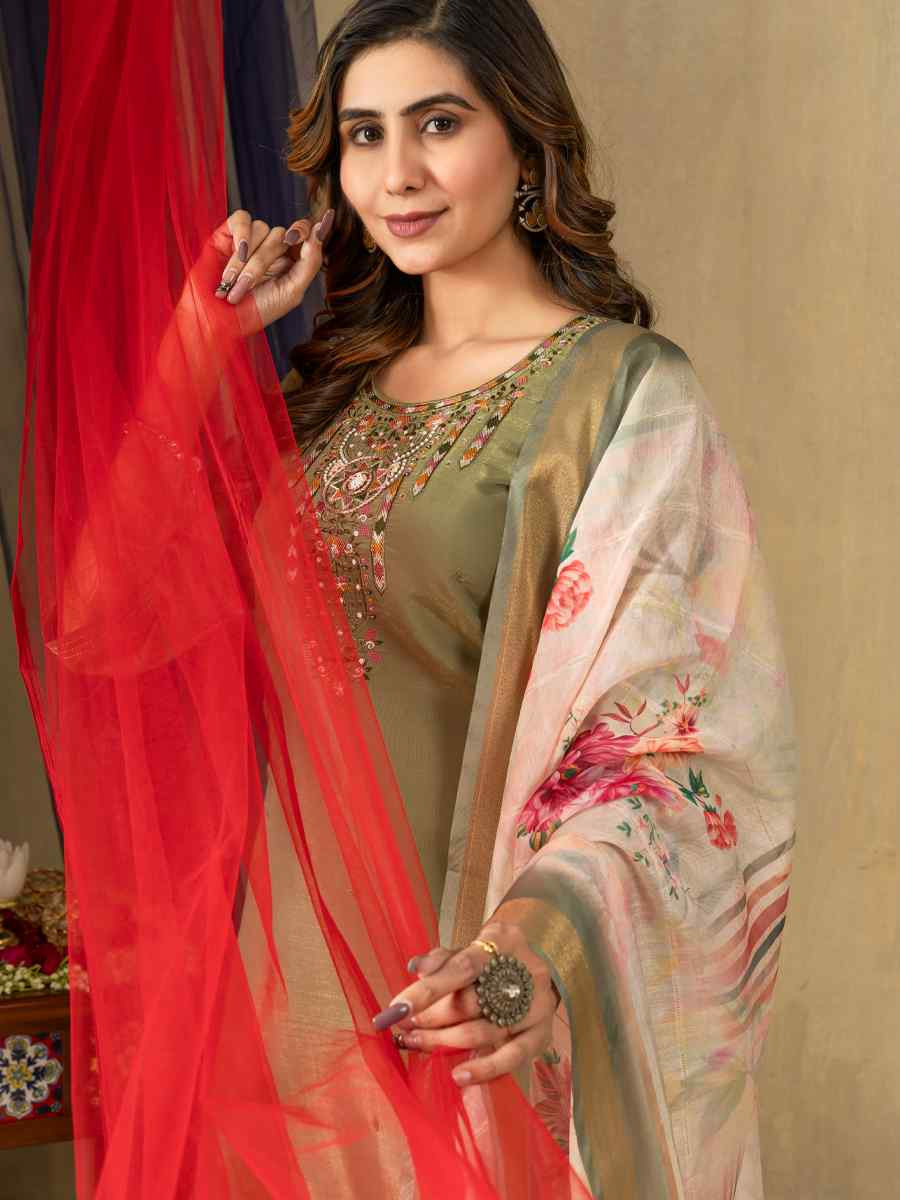 Green Shimmer Gold Silk Embroidered Party Wedding Ready Pant Salwar Kameez