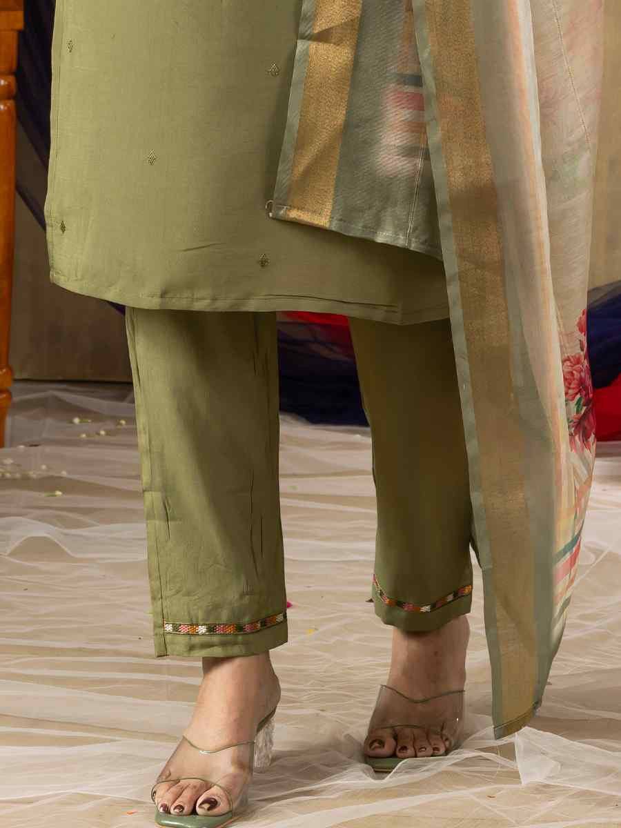 Green Shimmer Gold Silk Embroidered Party Wedding Ready Pant Salwar Kameez