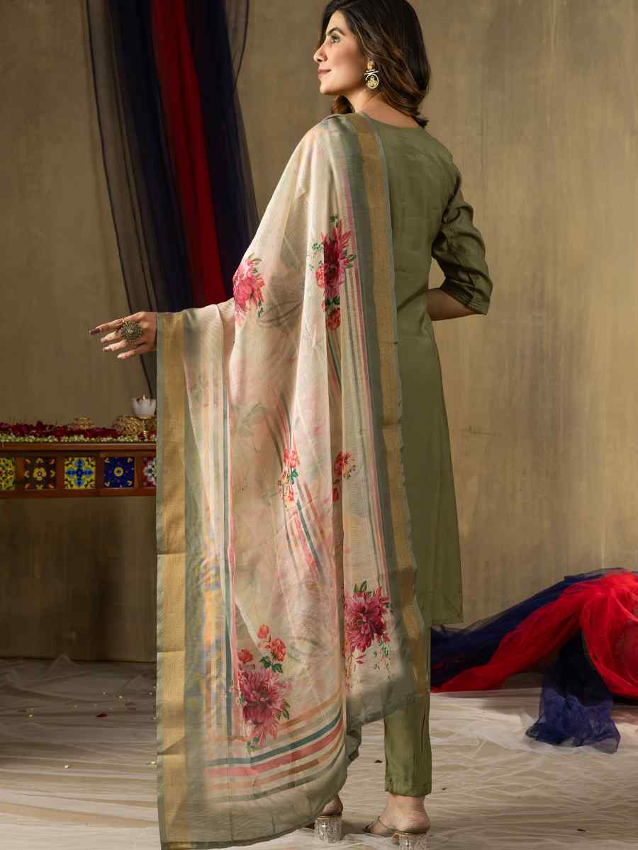 Green Shimmer Gold Silk Embroidered Party Wedding Ready Pant Salwar Kameez