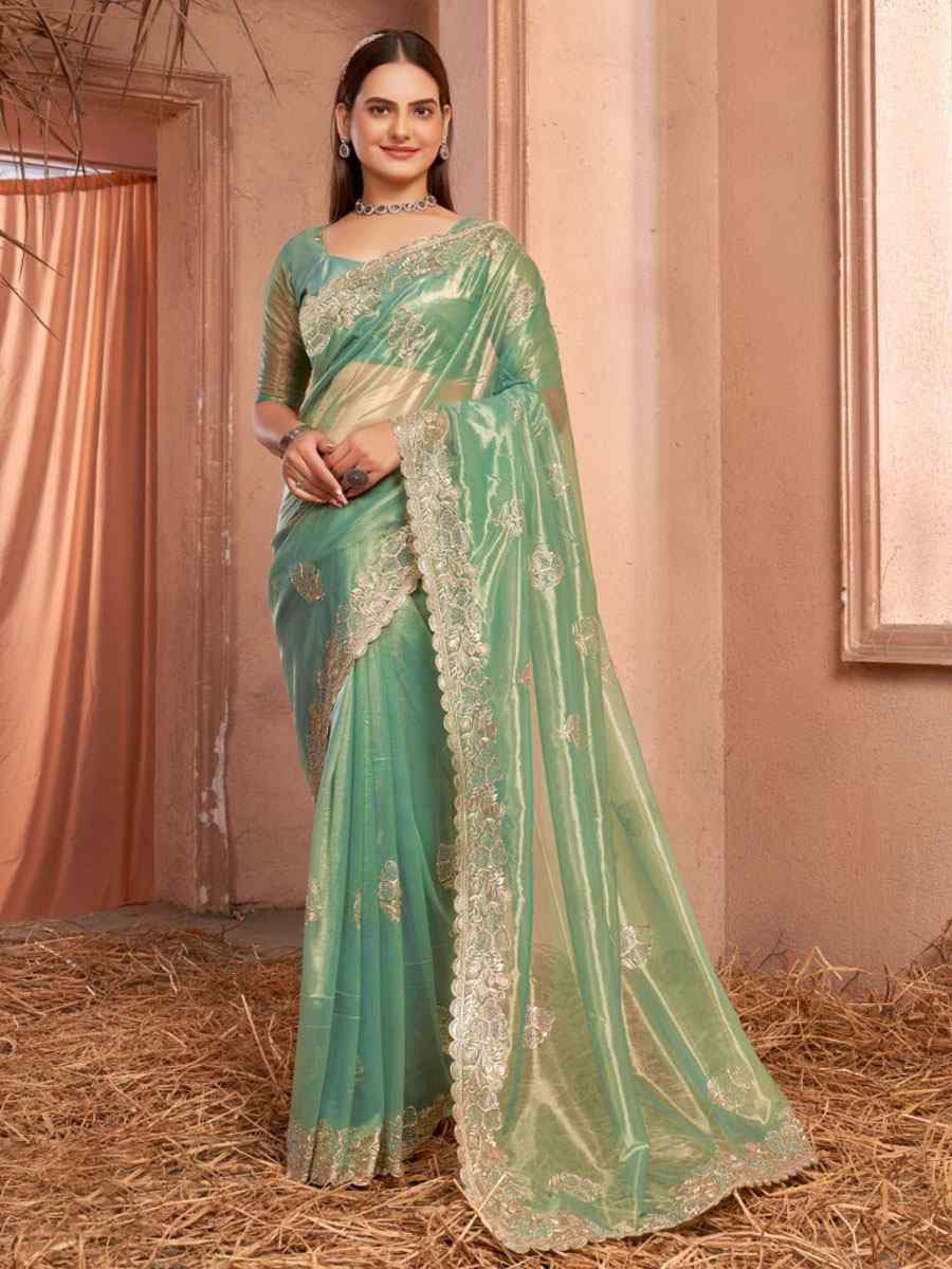 Green Shimmer Silver Net Embroidery Traditional Bridal Reception Festival Wedding Fancy Heavy Border Saree