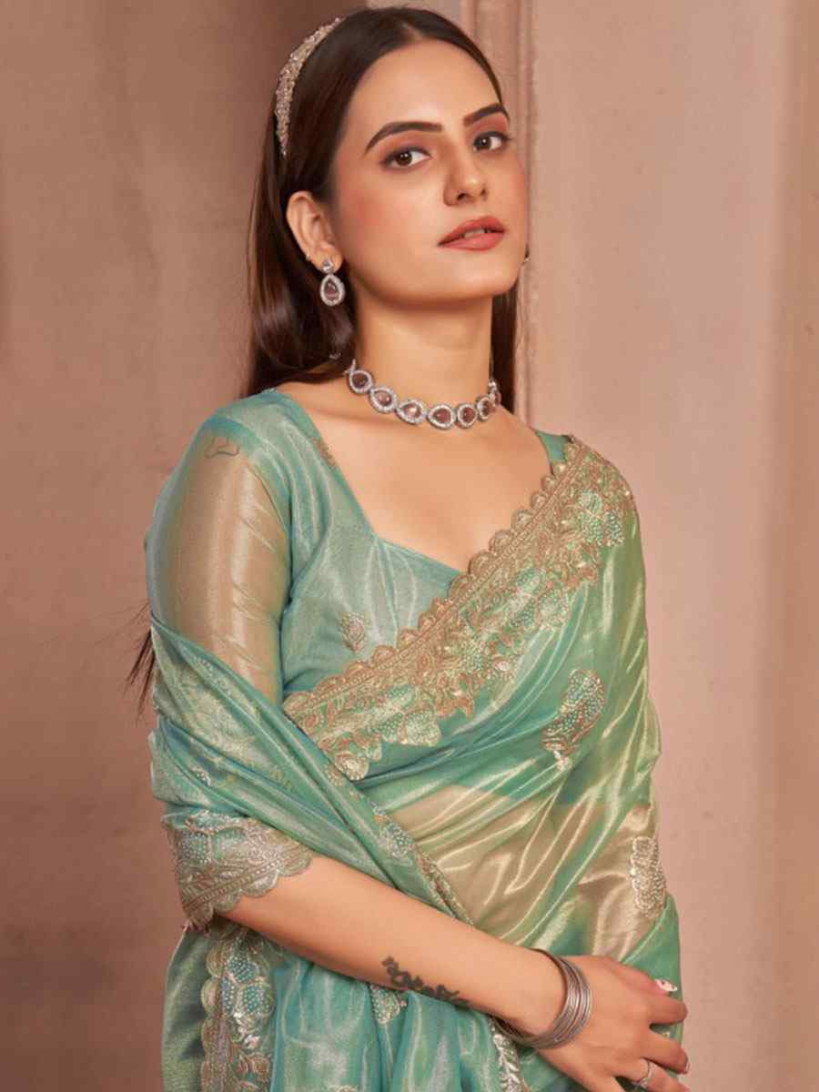 Green Shimmer Silver Net Embroidery Traditional Bridal Reception Festival Wedding Fancy Heavy Border Saree