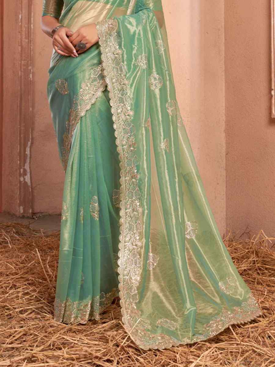 Green Shimmer Silver Net Embroidery Traditional Bridal Reception Festival Wedding Fancy Heavy Border Saree