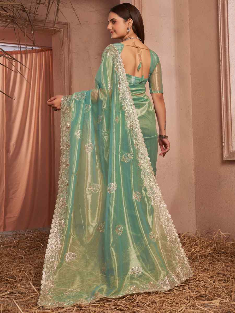 Green Shimmer Silver Net Embroidery Traditional Bridal Reception Festival Wedding Fancy Heavy Border Saree