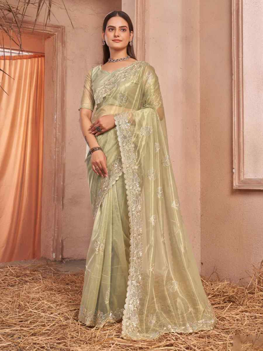 Green Shimmer Silver Net Embroidery Traditional Bridal Reception Festival Wedding Fancy Heavy Border Saree