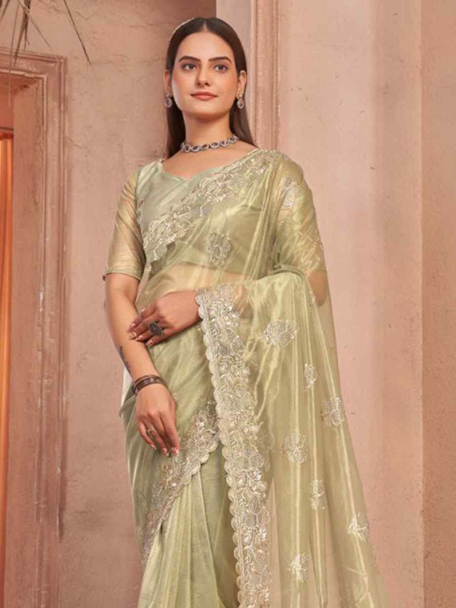 Green Shimmer Silver Net Embroidery Traditional Bridal Reception Festival Wedding Fancy Heavy Border Saree