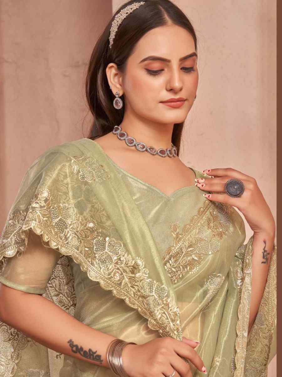 Green Shimmer Silver Net Embroidery Traditional Bridal Reception Festival Wedding Fancy Heavy Border Saree