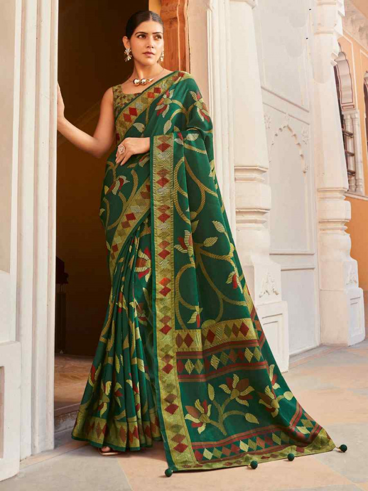 Image of Green Sigma Silk Zari Handwoven Casual Reception Festival Wedding Fancy Heavy Border Saree