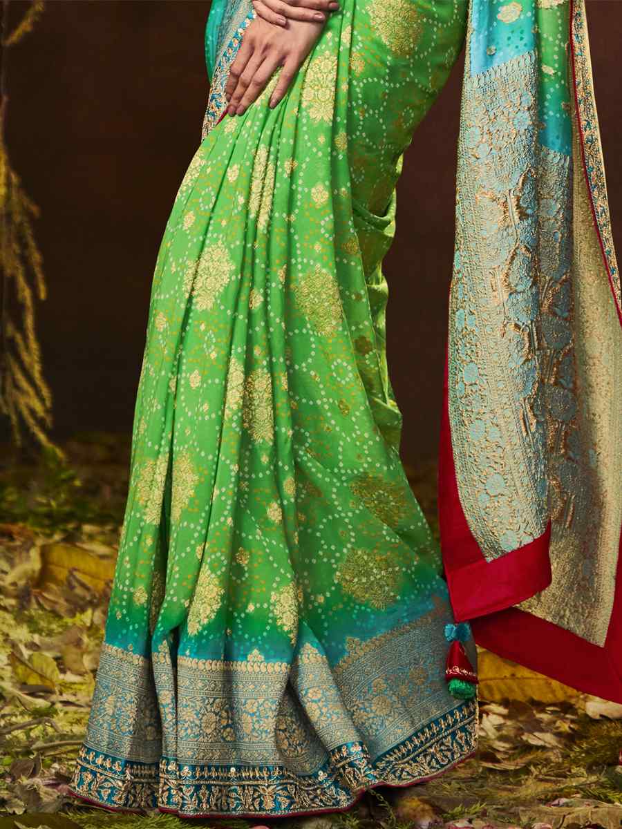 Green Silk Bandhej Embroidered Wedding Festival Heavy Border Saree