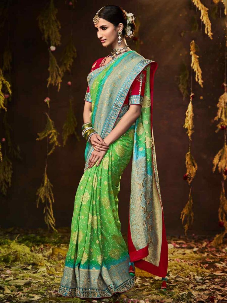 Green Silk Bandhej Embroidered Wedding Festival Heavy Border Saree