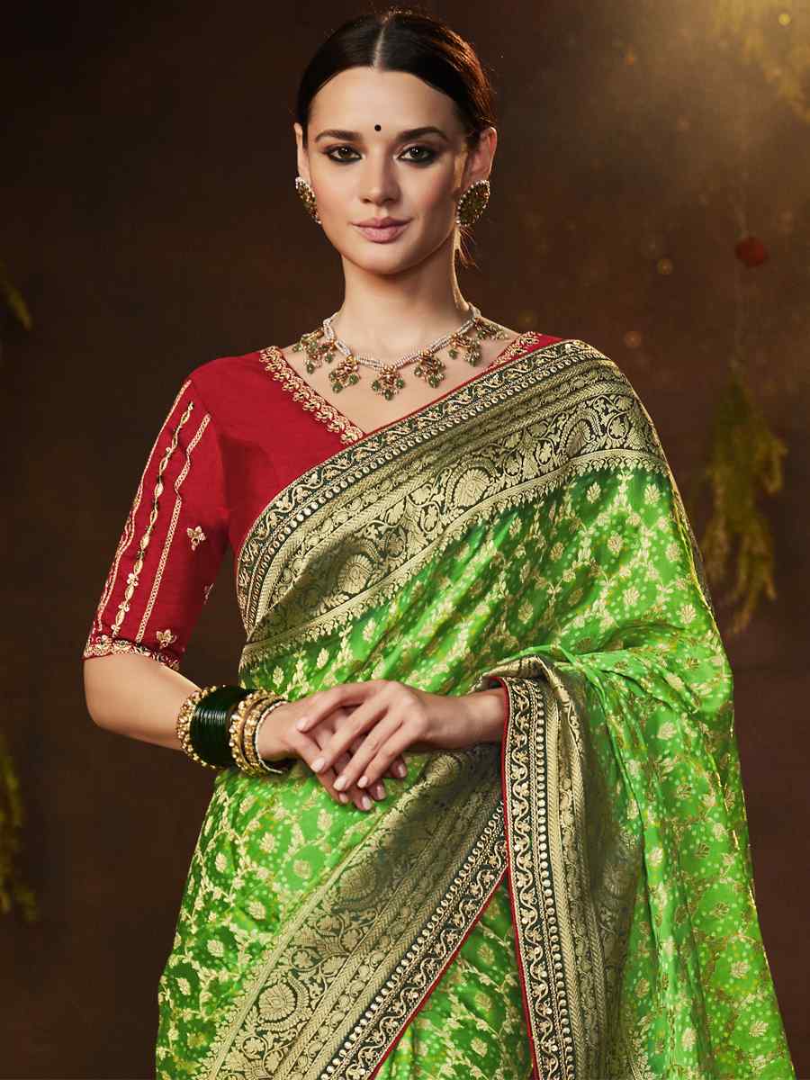 Green Silk Bandhej Embroidered Wedding Festival Heavy Border Saree