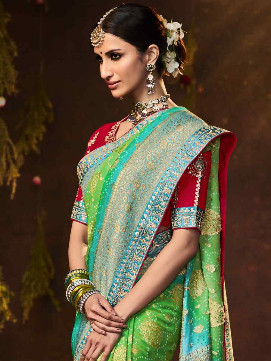 Green Silk Bandhej Embroidered Wedding Festival Heavy Border Saree