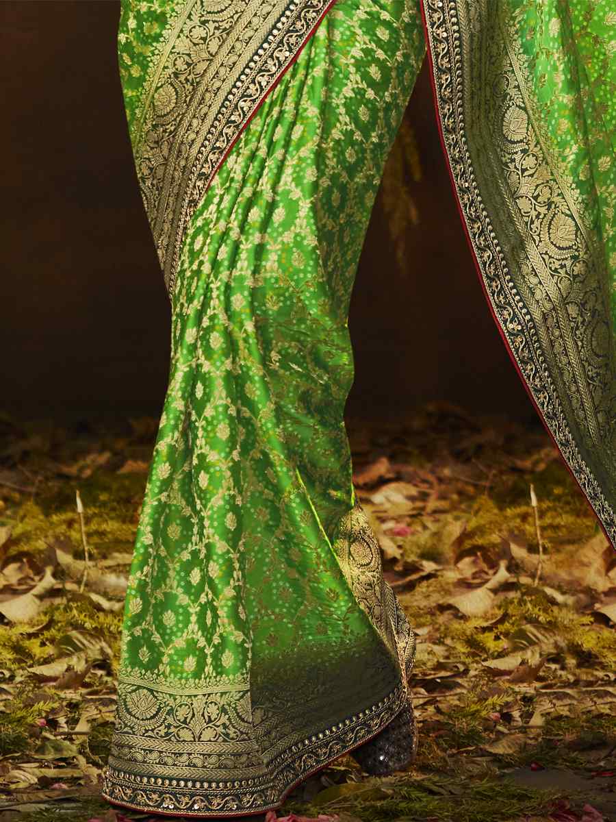 Green Silk Bandhej Embroidered Wedding Festival Heavy Border Saree