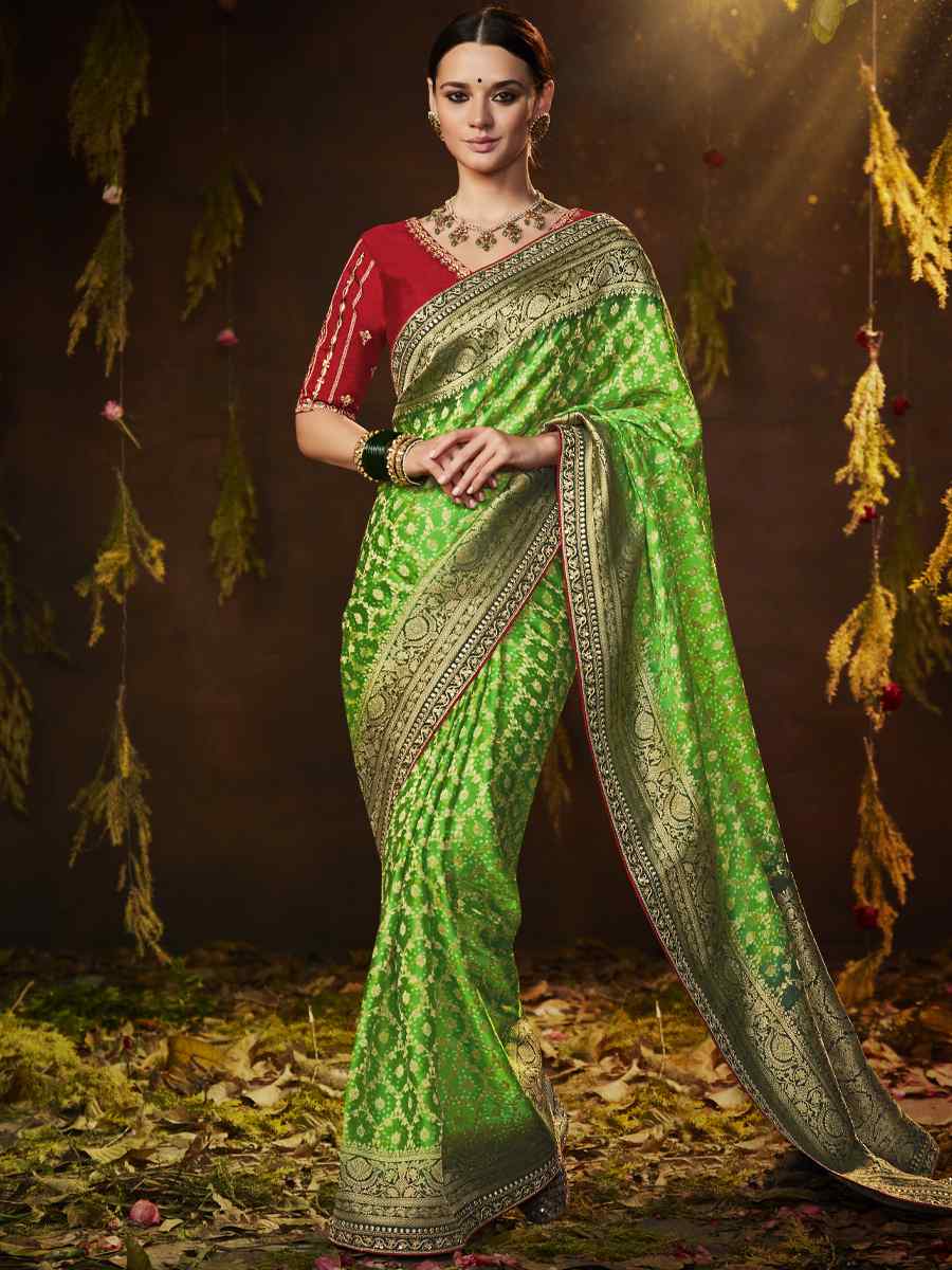 Green Silk Bandhej Embroidered Wedding Festival Heavy Border Saree