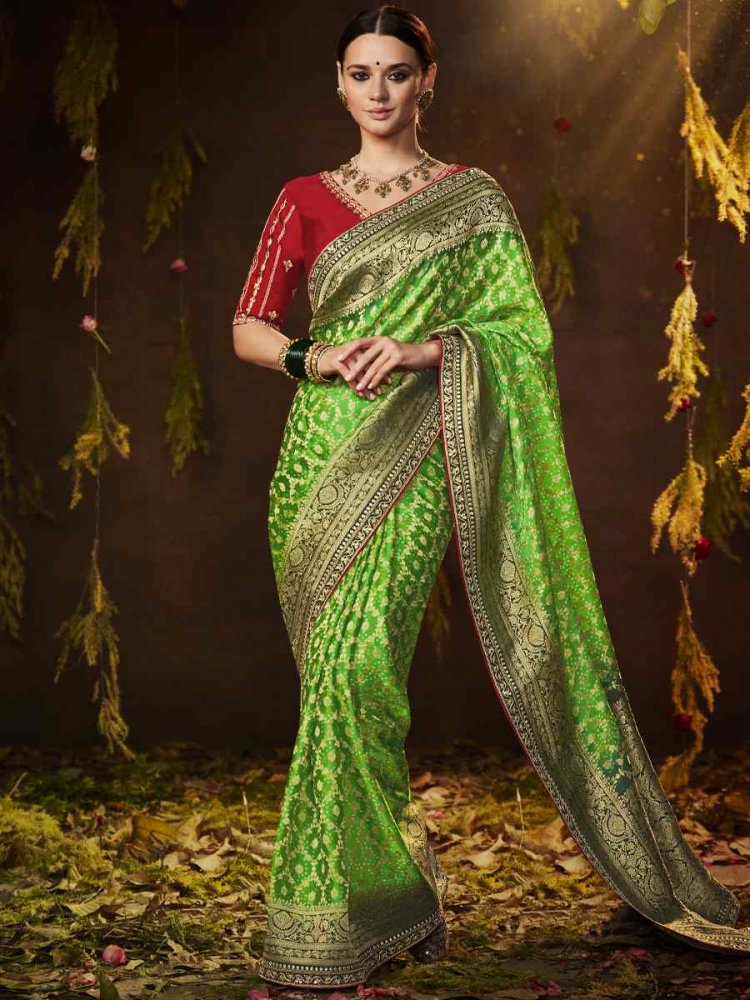 Green Silk Bandhej Embroidered Wedding Festival Heavy Border Saree