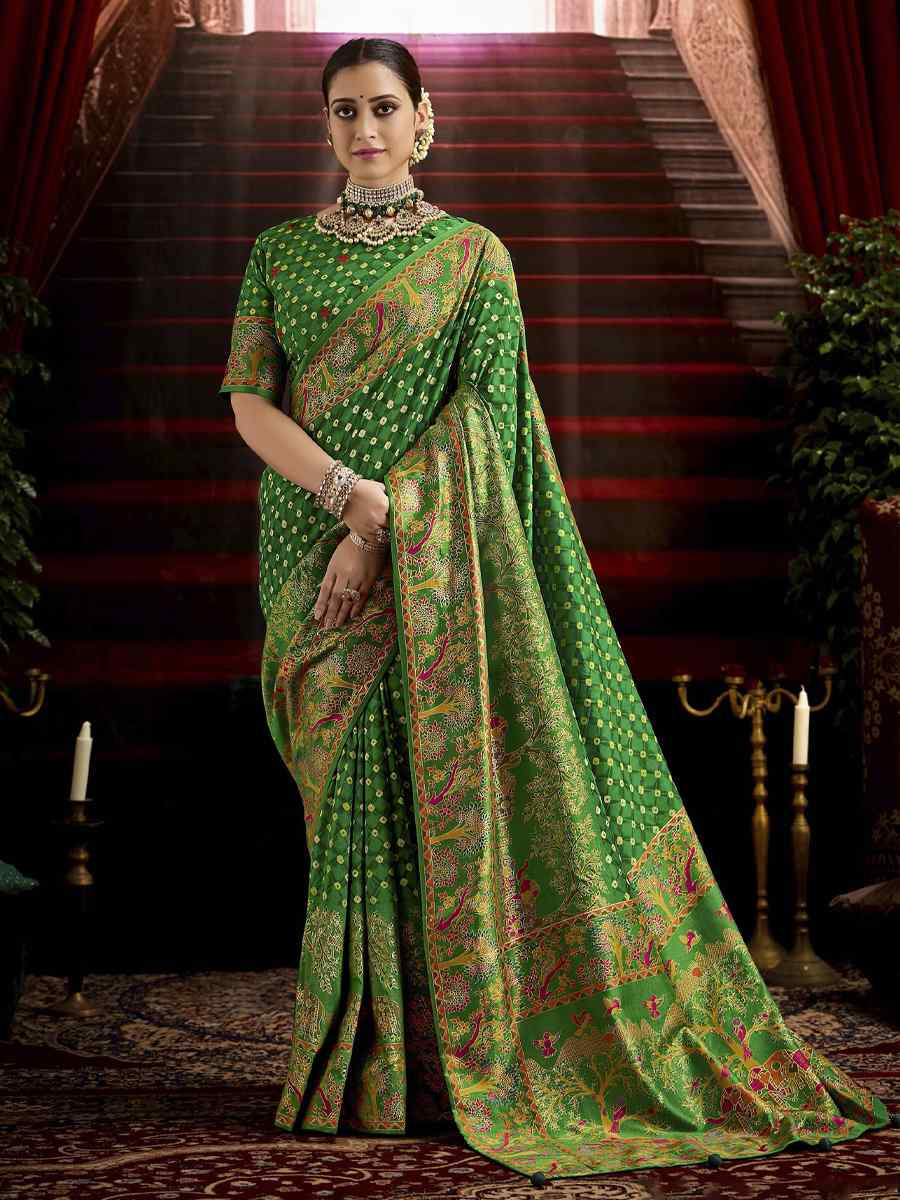 Green Silk Bhandej Prined Traditional Bridal Reception Festival Wedding Fancy Heavy Border Saree