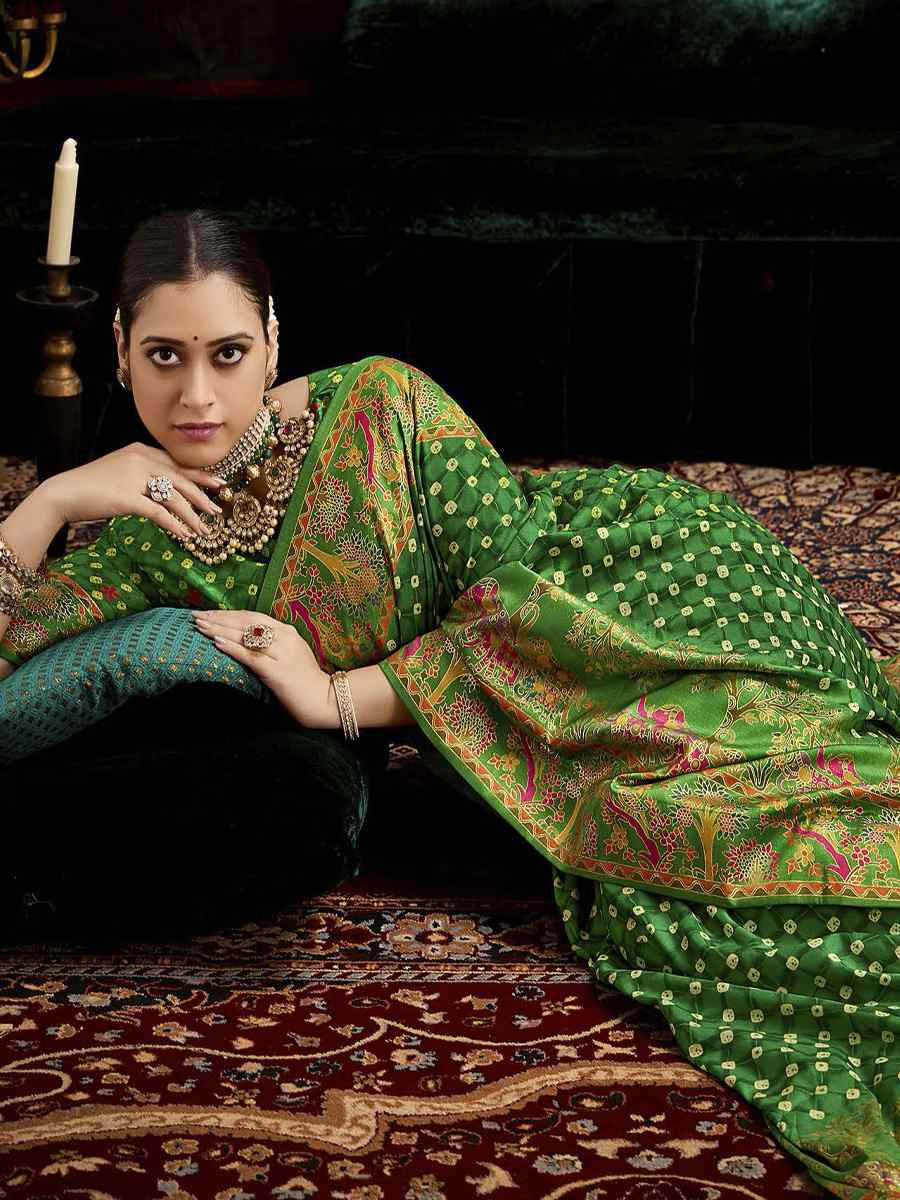 Green Silk Bhandej Prined Traditional Bridal Reception Festival Wedding Fancy Heavy Border Saree