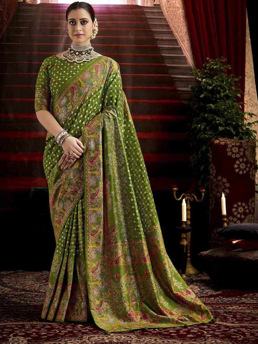 Green Silk Bhandej Prined Traditional Bridal Reception Festival Wedding Fancy Heavy Border Saree
