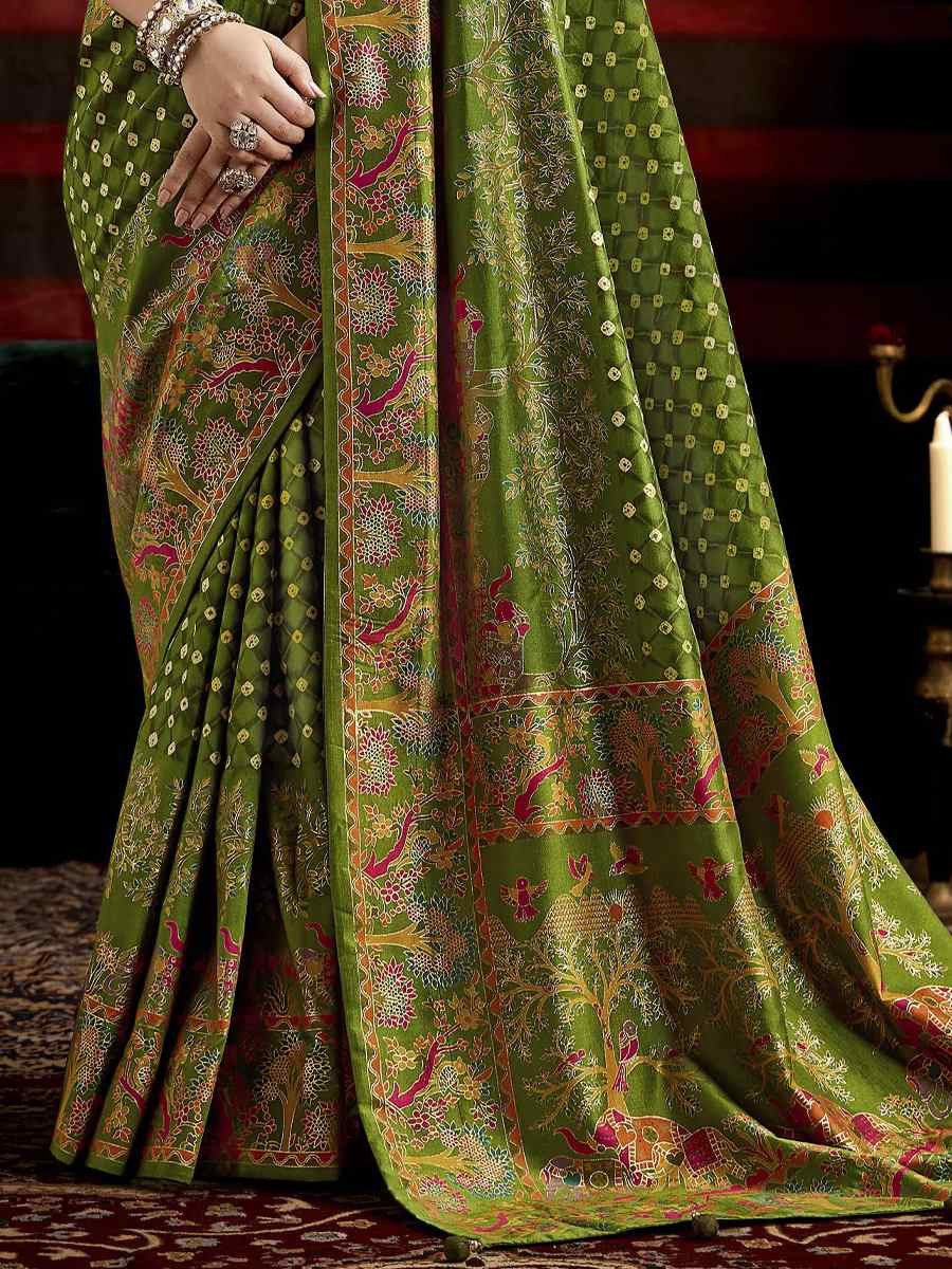 Green Silk Bhandej Prined Traditional Bridal Reception Festival Wedding Fancy Heavy Border Saree