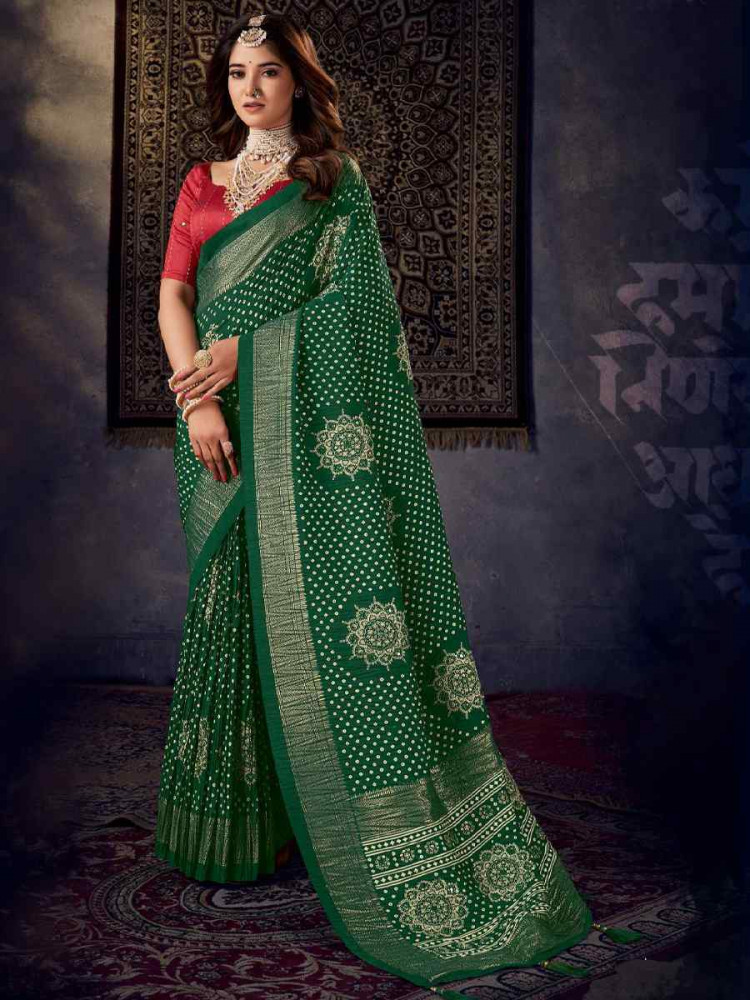 Image of Green Silk Bhandej Zari Handwoven Casual Reception Festival Wedding Fancy Classic Style Sarees