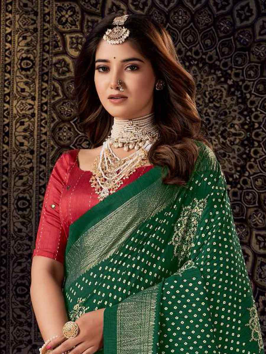 Green Silk Bhandej Zari Handwoven Casual Reception Festival Wedding Fancy Classic Style Sarees