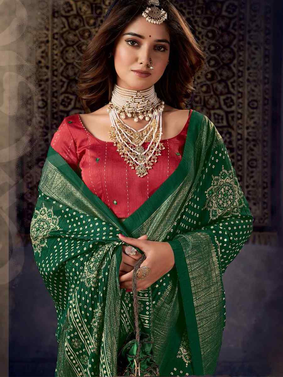Green Silk Bhandej Zari Handwoven Casual Reception Festival Wedding Fancy Classic Style Sarees