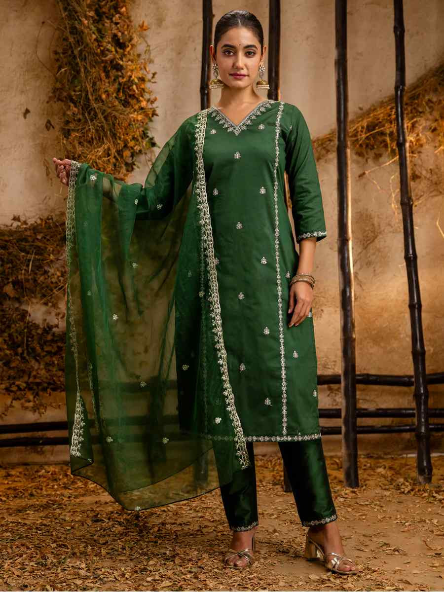Green Silk Blend Embroidered Festival Casual Ready Pant Salwar Kameez