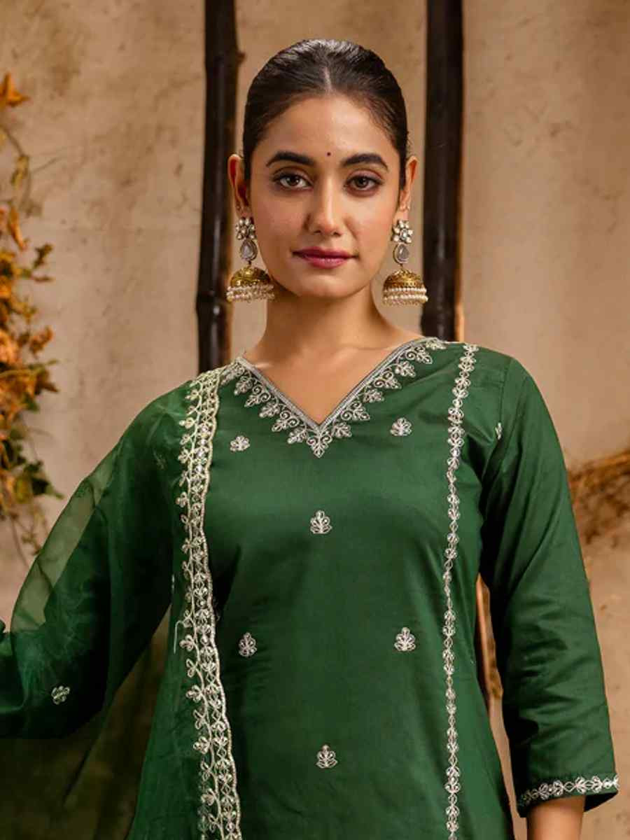 Green Silk Blend Embroidered Festival Casual Ready Pant Salwar Kameez