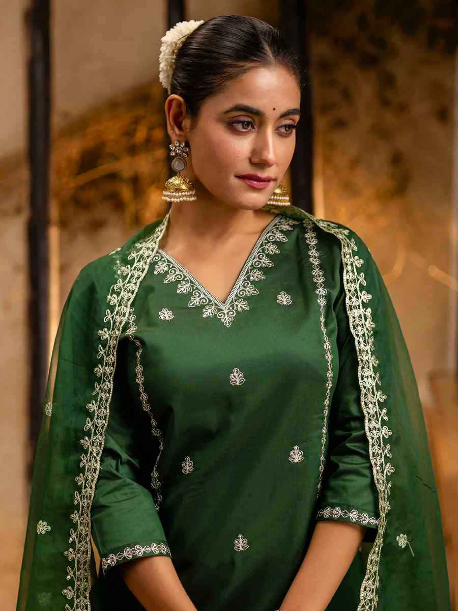 Green Silk Blend Embroidered Festival Casual Ready Pant Salwar Kameez