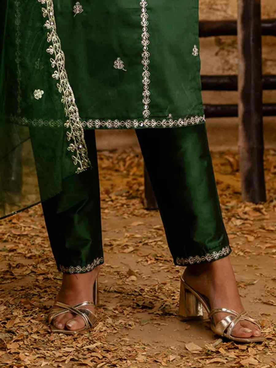 Green Silk Blend Embroidered Festival Casual Ready Pant Salwar Kameez