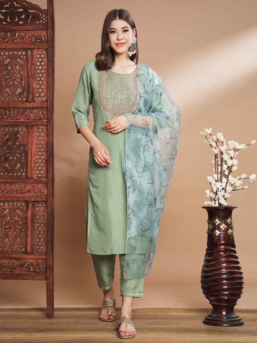 Green Silk Blend Embroidered Festival Casual Ready Pant Salwar Kameez