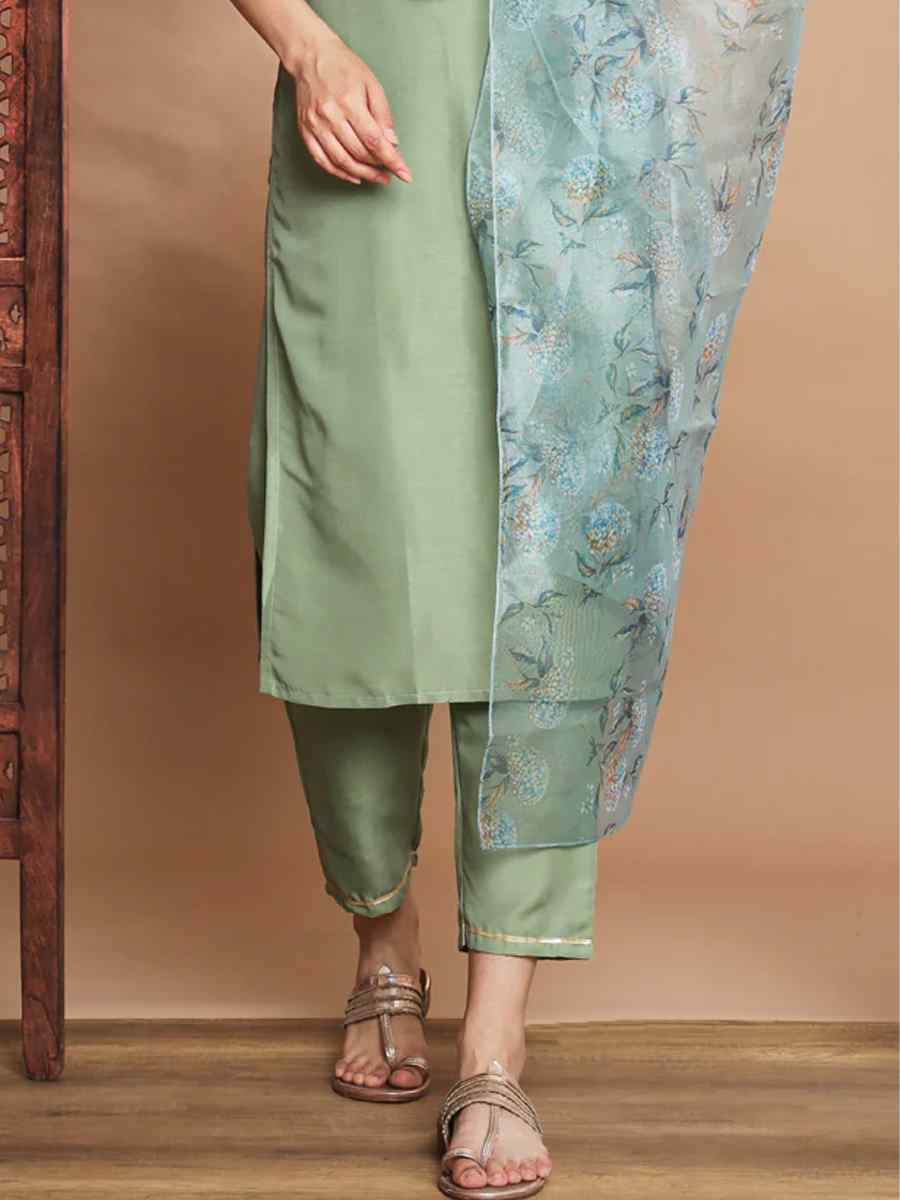 Green Silk Blend Embroidered Festival Casual Ready Pant Salwar Kameez