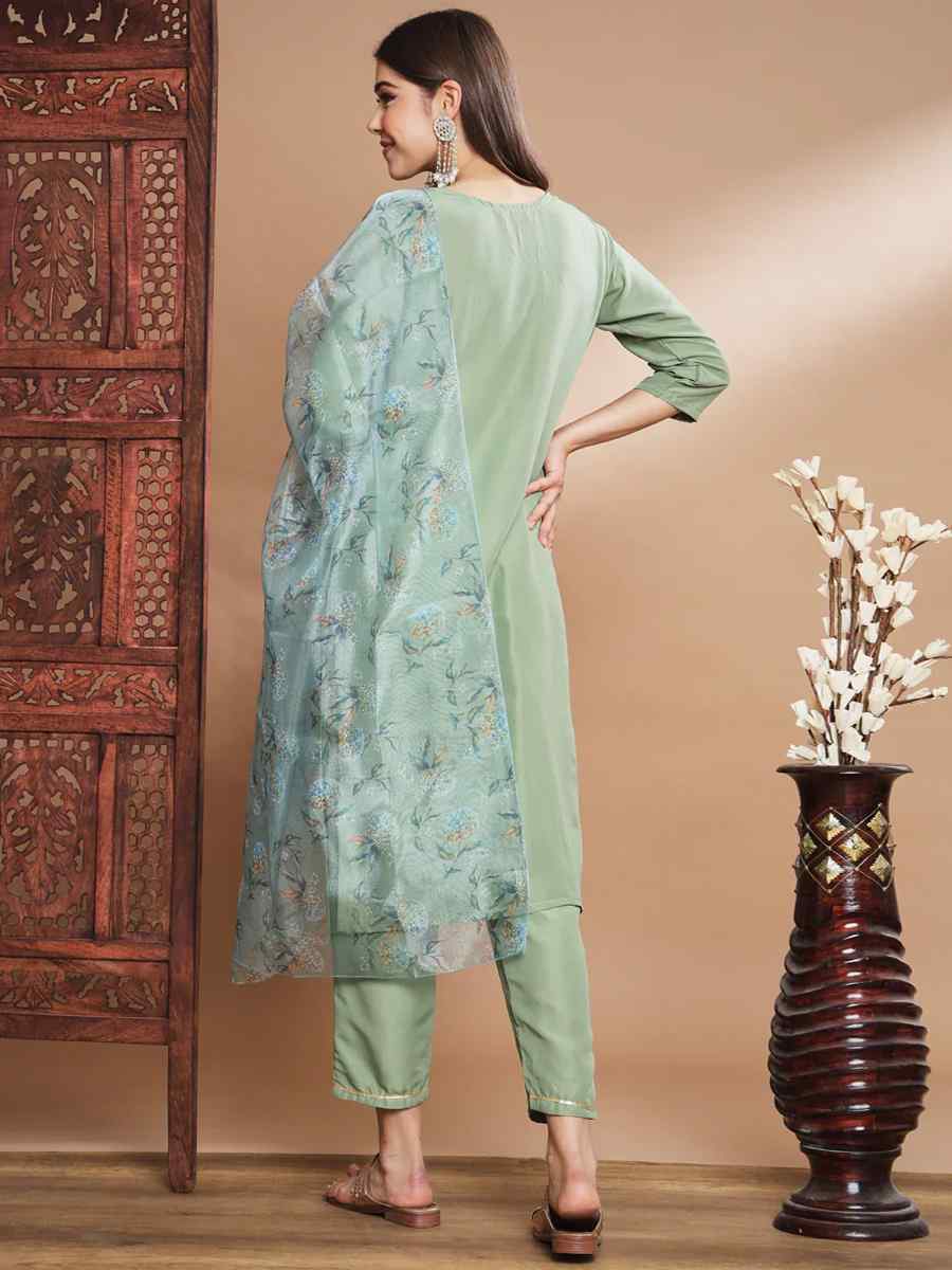 Green Silk Blend Embroidered Festival Casual Ready Pant Salwar Kameez