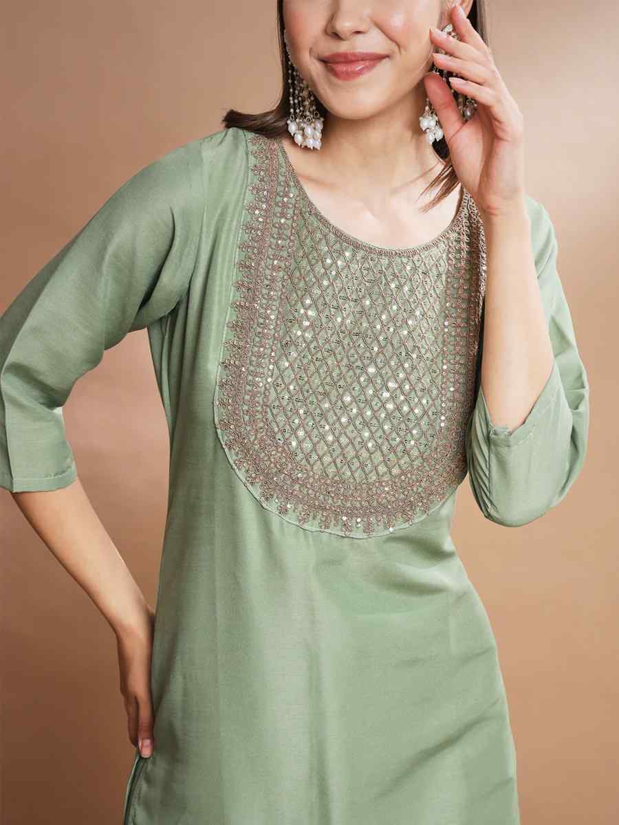 Green Silk Blend Embroidered Festival Casual Ready Pant Salwar Kameez