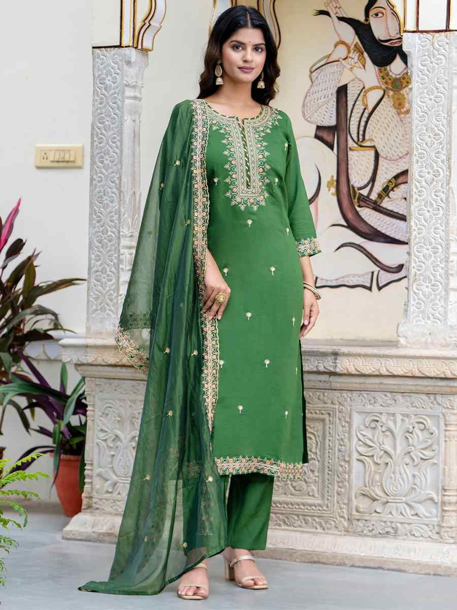 Green Silk Blend Embroidered Mehendi Wedding Ready Pant Salwar Kameez