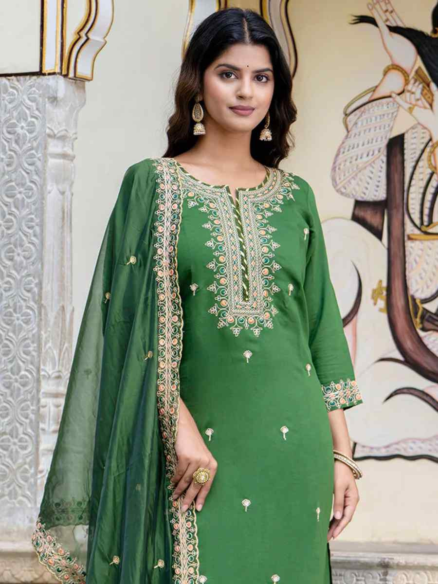 Green Silk Blend Embroidered Mehendi Wedding Ready Pant Salwar Kameez