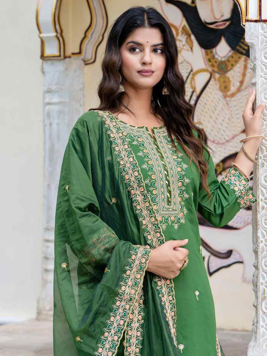 Green Silk Blend Embroidered Mehendi Wedding Ready Pant Salwar Kameez