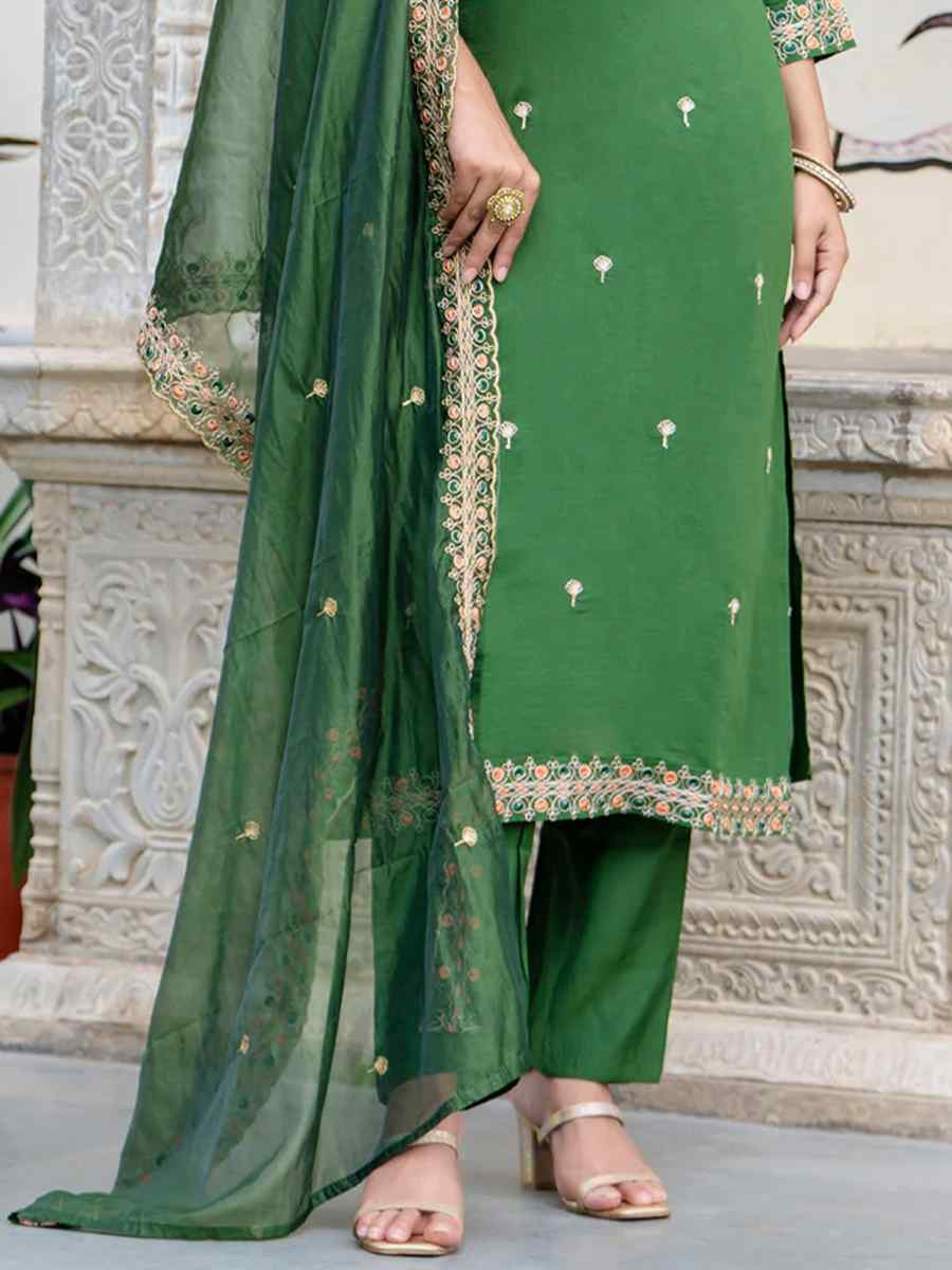 Green Silk Blend Embroidered Mehendi Wedding Ready Pant Salwar Kameez