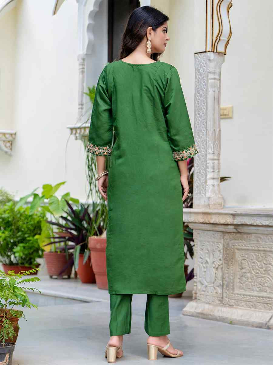 Green Silk Blend Embroidered Mehendi Wedding Ready Pant Salwar Kameez