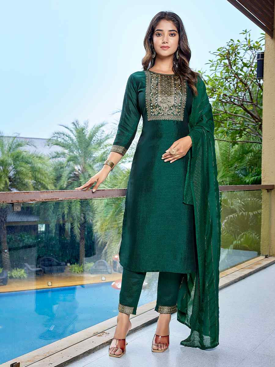 Green Silk Blend Embroidered Party Wedding Ready Pant Salwar Kameez