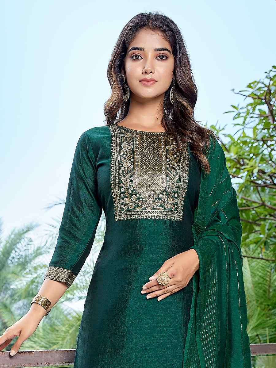 Green Silk Blend Embroidered Party Wedding Ready Pant Salwar Kameez