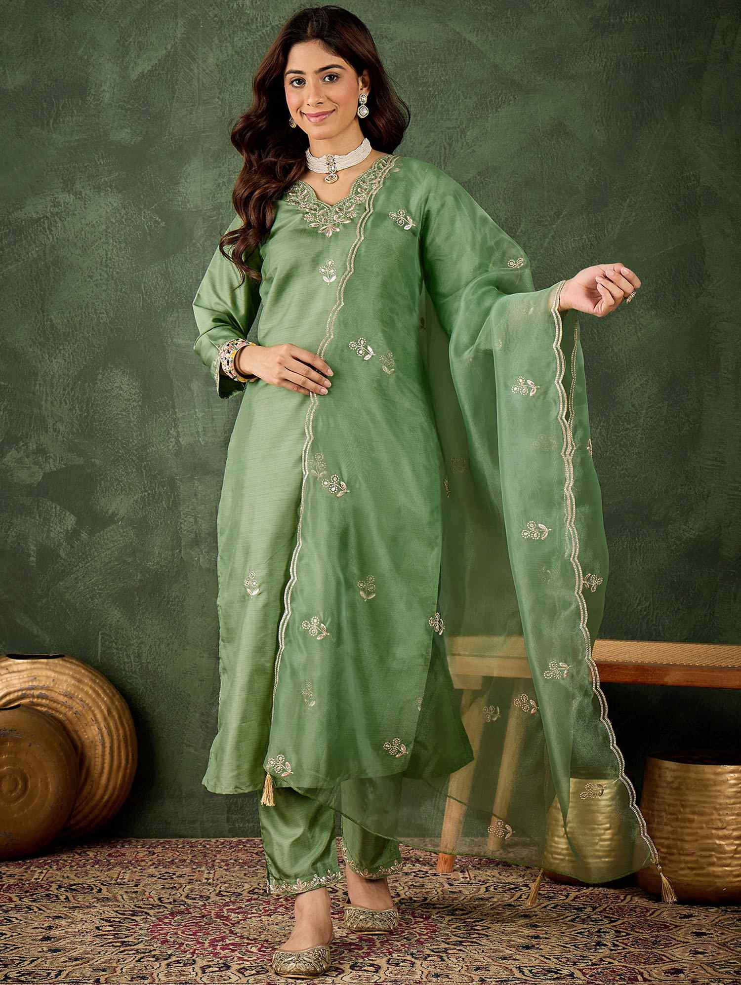 Green Silk Blend Embroidery Party Wedding Festival Casual Ready Pant Salwar Kameez