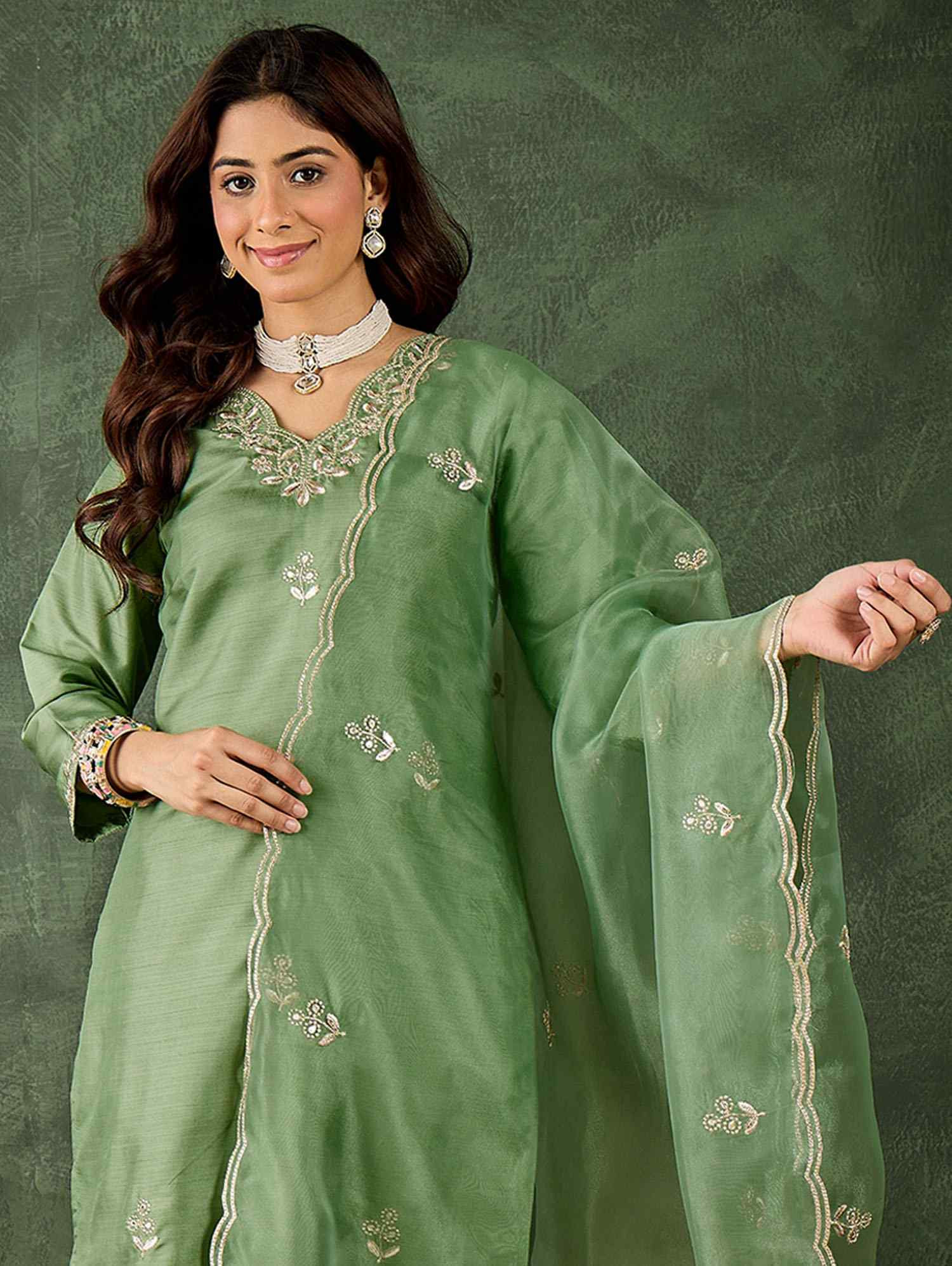 Green Silk Blend Embroidery Party Wedding Festival Casual Ready Pant Salwar Kameez
