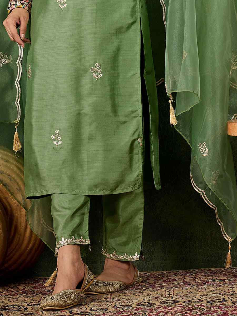 Green Silk Blend Embroidery Party Wedding Festival Casual Ready Pant Salwar Kameez