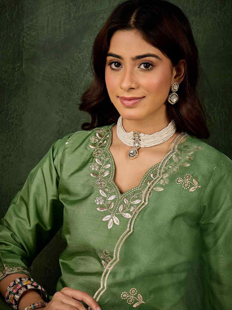 Green Silk Blend Embroidery Party Wedding Festival Casual Ready Pant Salwar Kameez