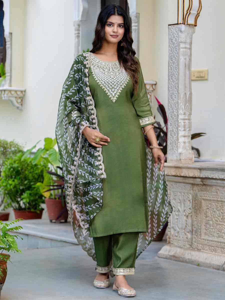 Green Silk BlendEmbroidered Festival Casual Ready Pant Salwar Kameez