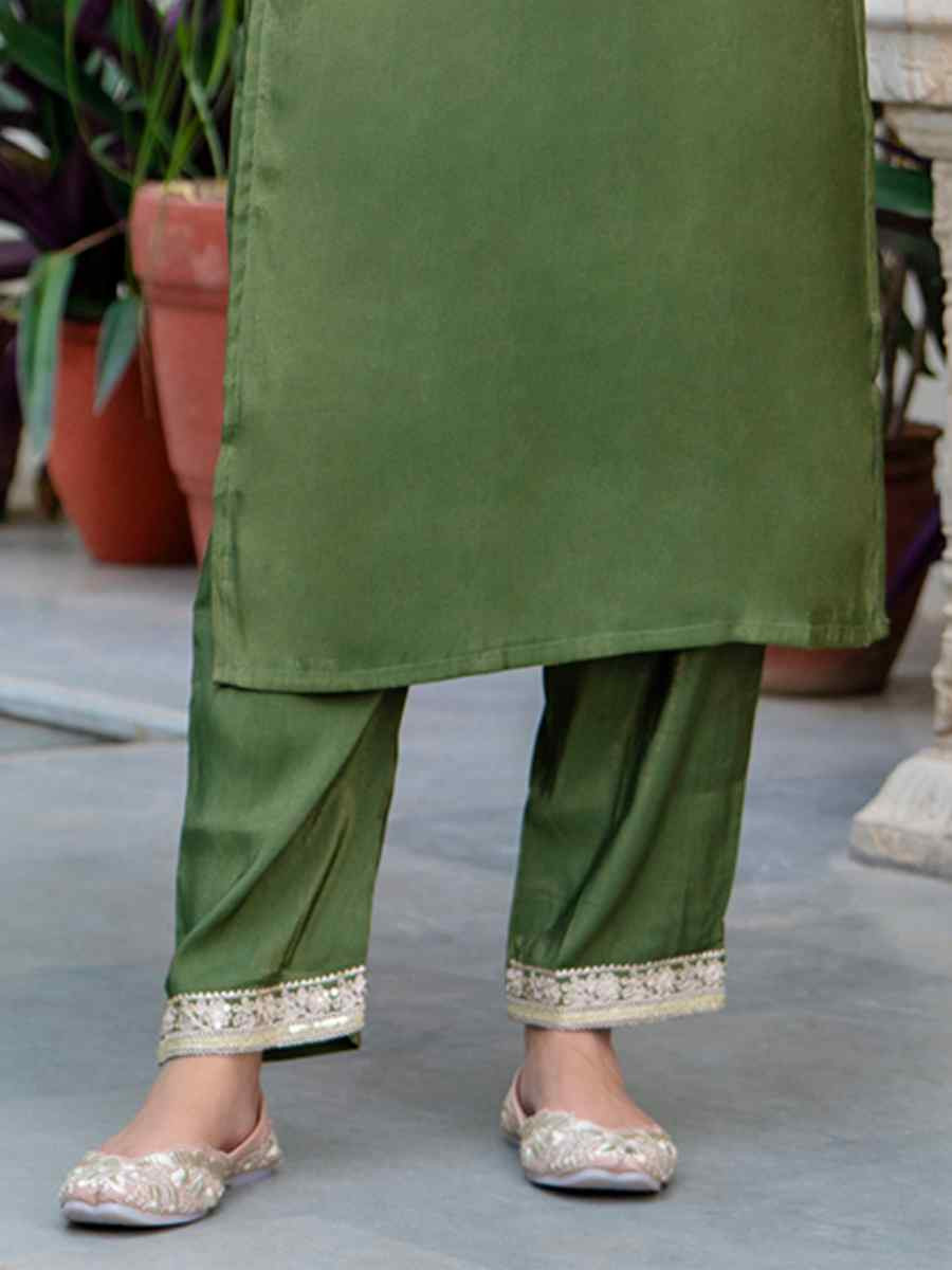 Green Silk BlendEmbroidered Festival Casual Ready Pant Salwar Kameez