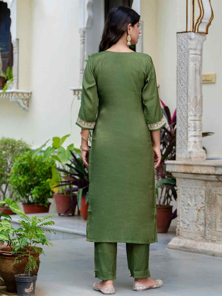 Green Silk BlendEmbroidered Festival Casual Ready Pant Salwar Kameez