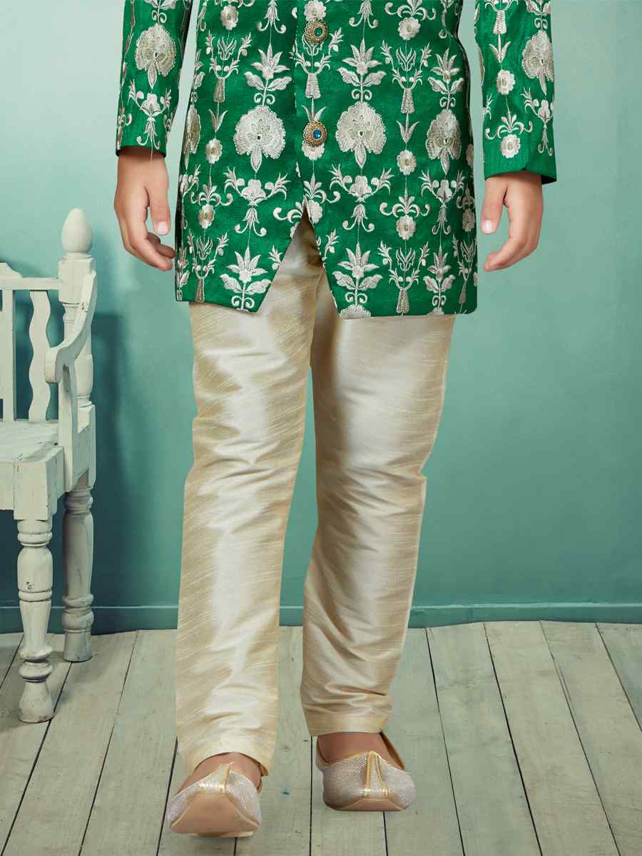 Green Silk Dupion Embroidered Party Festival Kurta Pyjama Boys Wear